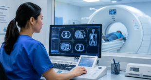 Allied health professional operating diagnostic imaging equipment
