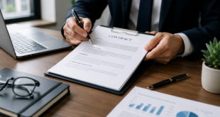 Contract manager reviewing a business agreement at a desk
