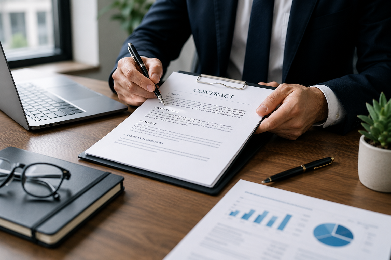 Contract manager reviewing a business agreement at a desk Contract manager reviewing a business agreement at a desk