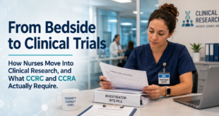 Clinical research nurse reviewing trial documents at a hospital research site