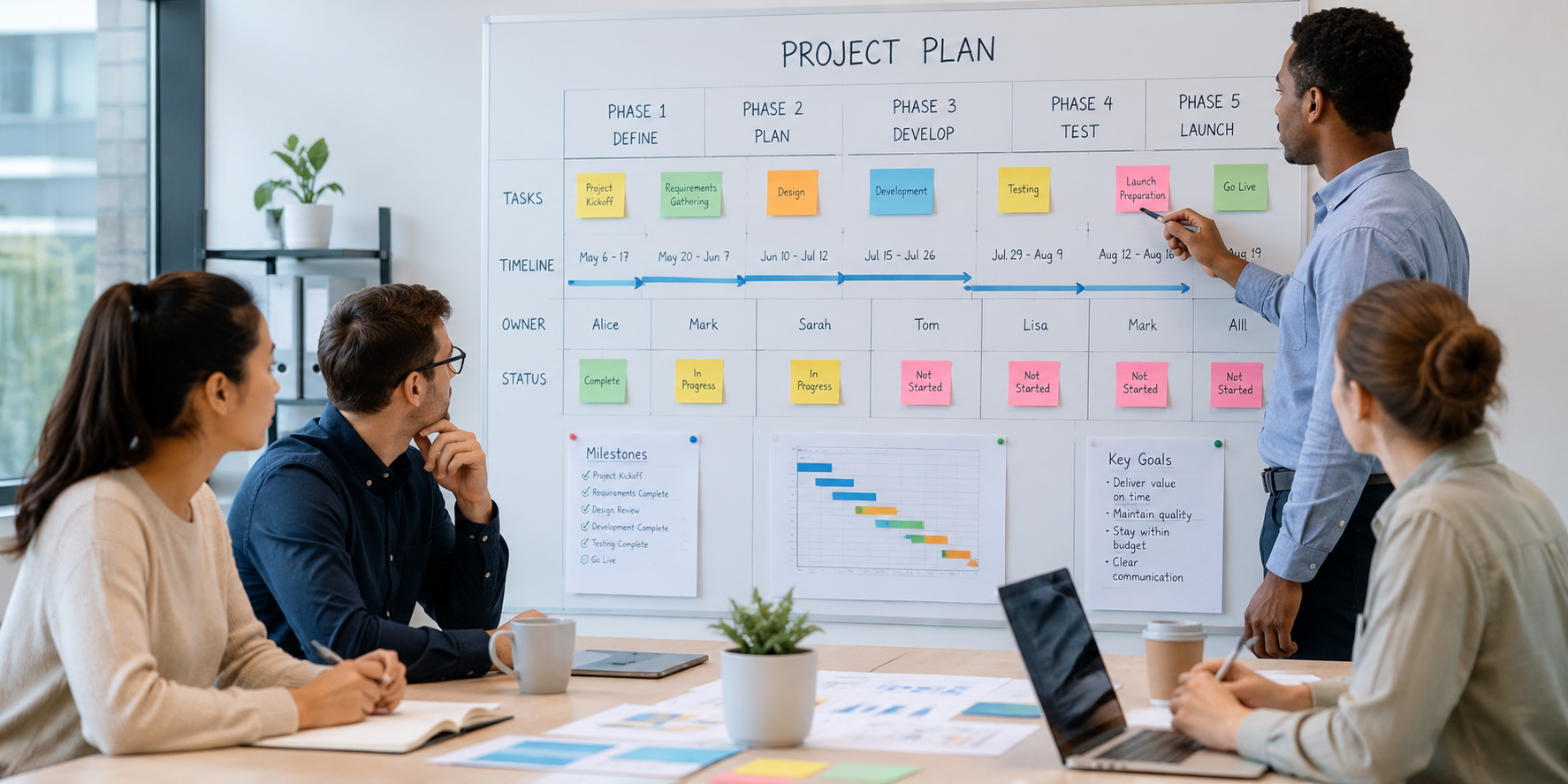 Project manager reviewing a project timeline and planning board Project manager reviewing a project timeline and planning board