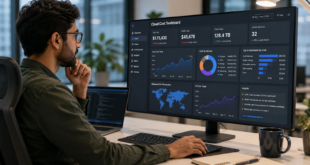 Cloud cost analyst reviewing a spend dashboard showing AI workload usage