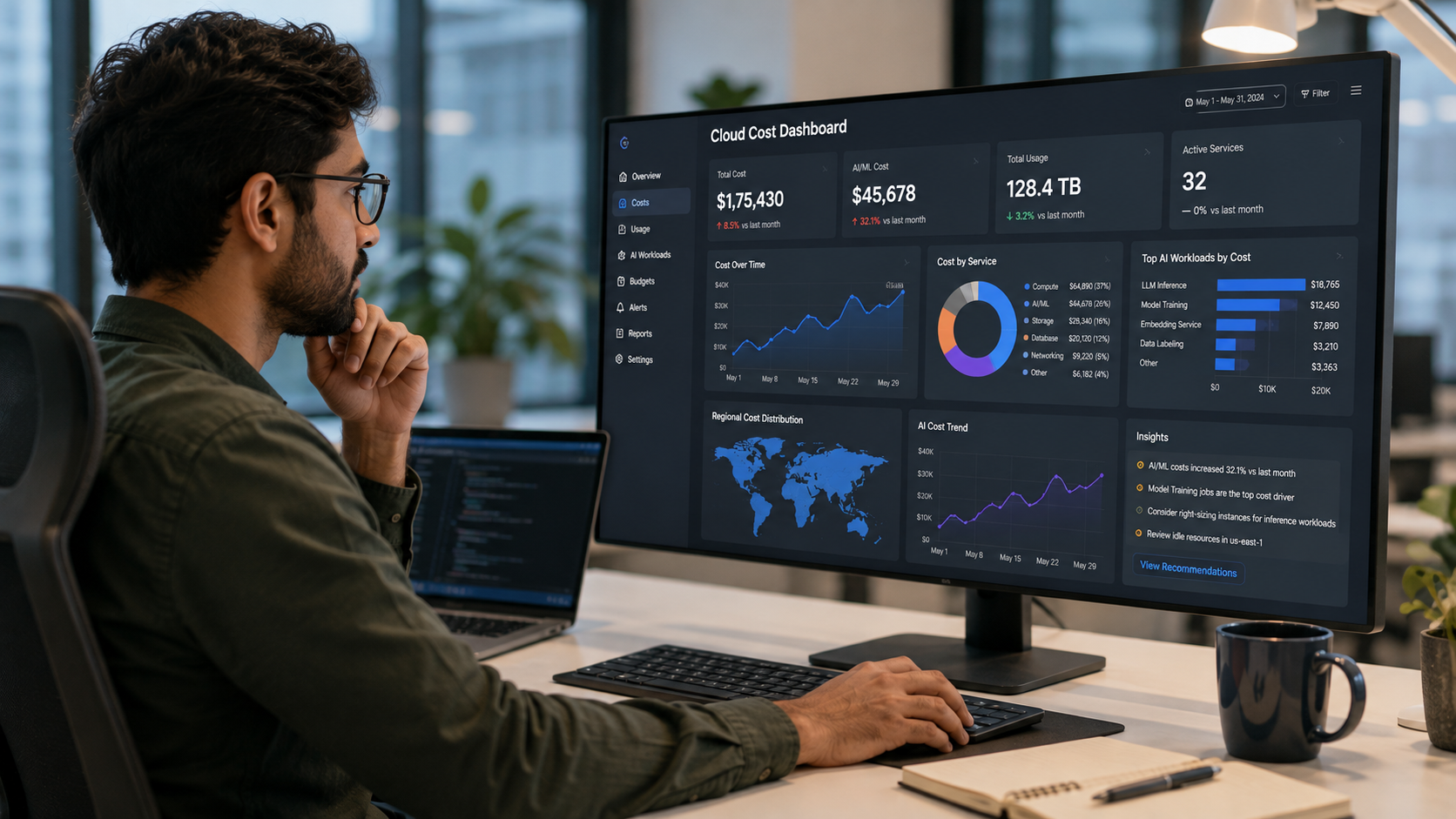 Cloud cost analyst reviewing a spend dashboard showing AI workload usage Cloud cost analyst reviewing a spend dashboard showing AI workload usage