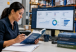 Supply chain planner comparing certification study materials beside a warehouse inventory dashboard