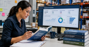 Supply chain planner comparing certification study materials beside a warehouse inventory dashboard